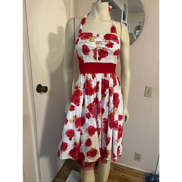 Hearts & Roses London Bianca Halter Dress red rose print rockabilly 6 - Picture 3 of 11
